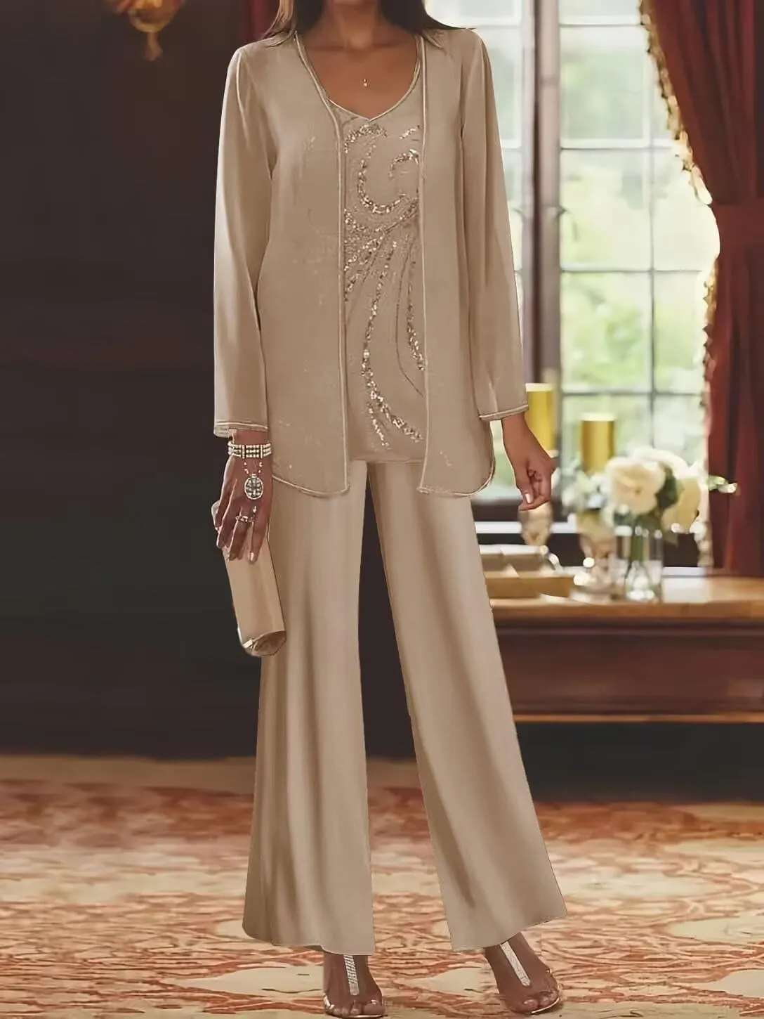 3 Pieces Mother of The Bride Pant Suits for Women Dressy Long Sleeve Wedding Formal Evening Outfit Set with Jacket
