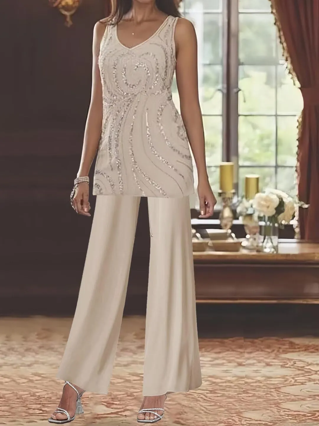 3 Pieces Mother of The Bride Pant Suits for Women Dressy Long Sleeve Wedding Formal Evening Outfit Set with Jacket