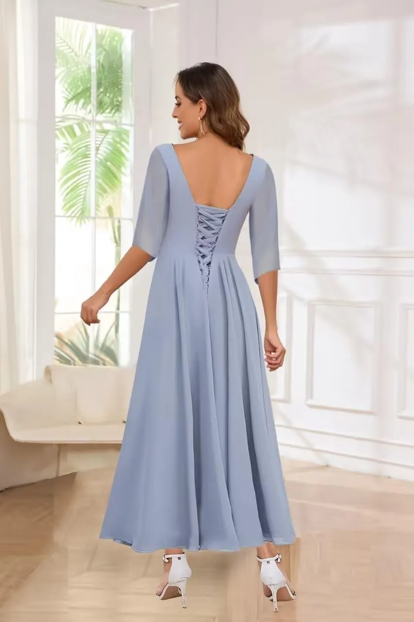 3/4 Sleeve Mother of The Bride Dresses for Wedding Chiffon Lace Appliques Ruched Long Formal Evening Gowns