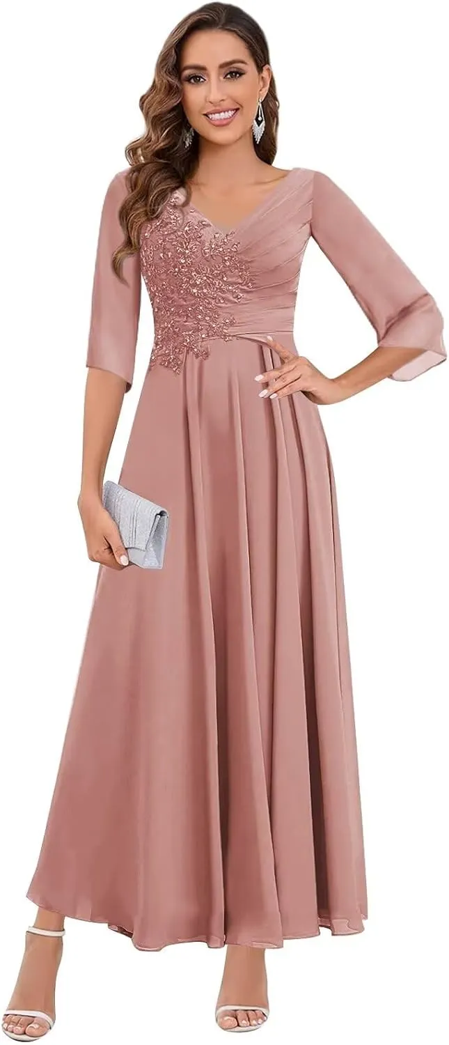 3/4 Sleeve Mother of The Bride Dresses for Wedding Chiffon Lace Appliques Ruched Long Formal Evening Gowns