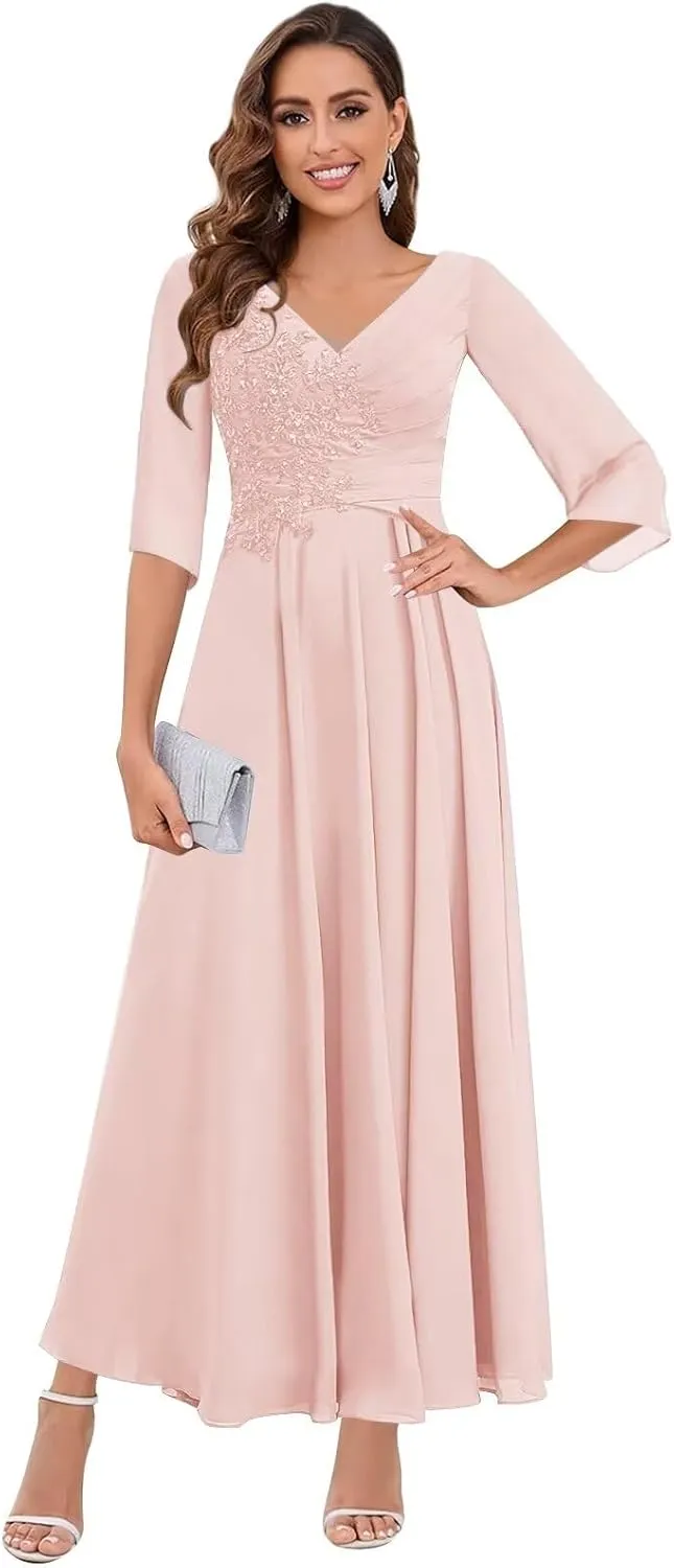 3/4 Sleeve Mother of The Bride Dresses for Wedding Chiffon Lace Appliques Ruched Long Formal Evening Gowns