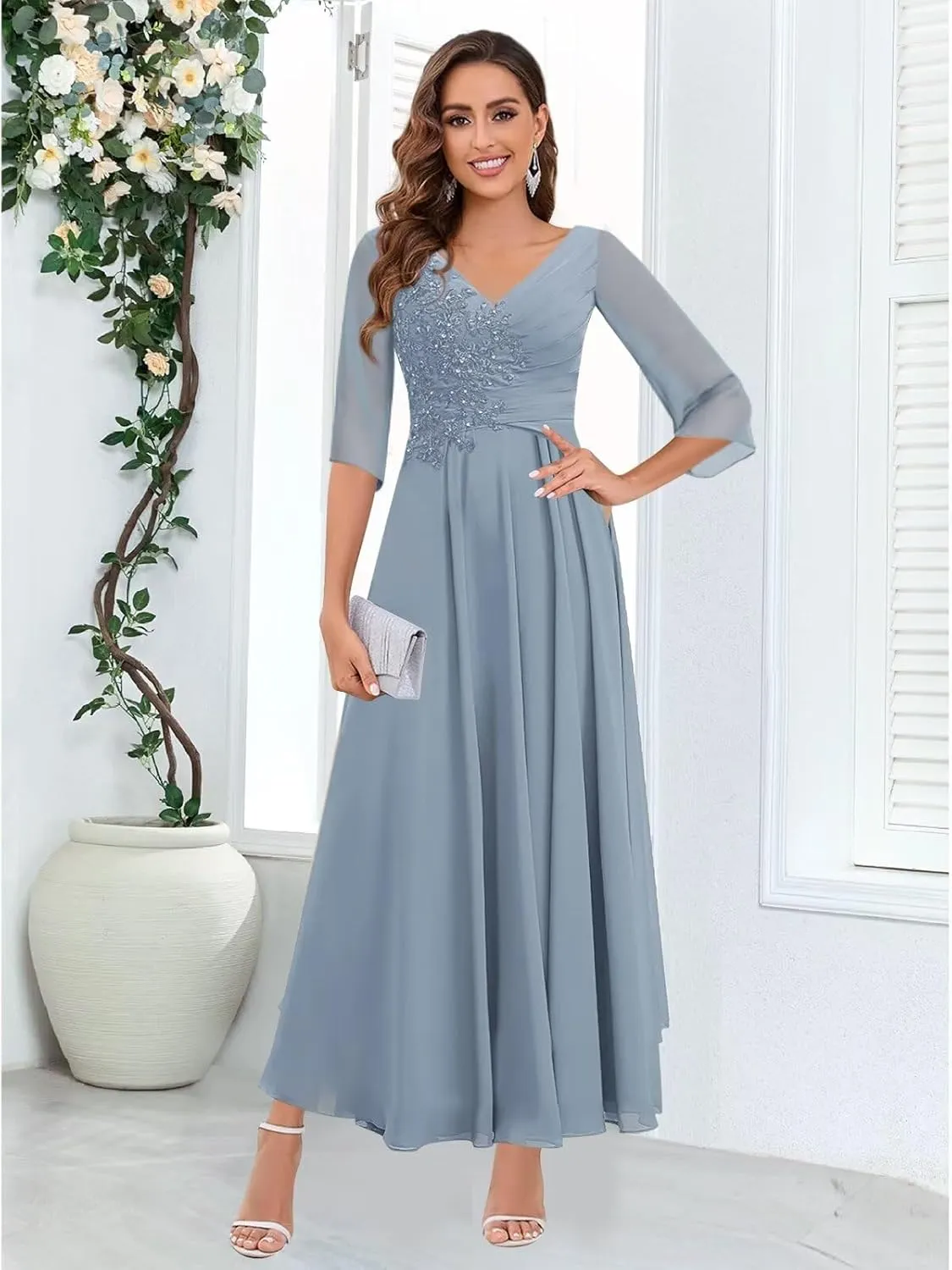 3/4 Sleeve Mother of The Bride Dresses for Wedding Chiffon Lace Appliques Ruched Long Formal Evening Gowns
