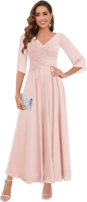 3/4 Sleeve Mother of The Bride Dresses for Wedding Chiffon Lace Appliques Ruched Long Formal Evening Gowns