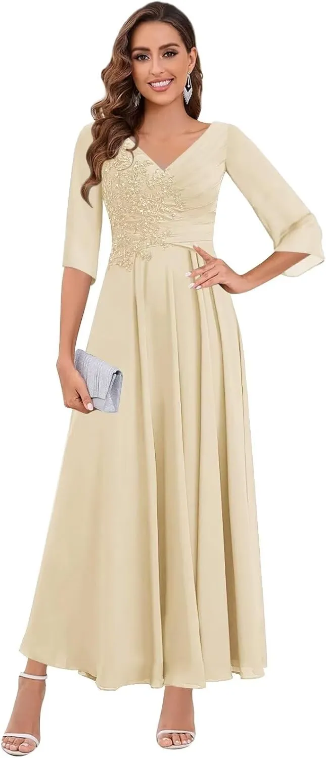 3/4 Sleeve Mother of The Bride Dresses for Wedding Chiffon Lace Appliques Ruched Long Formal Evening Gowns