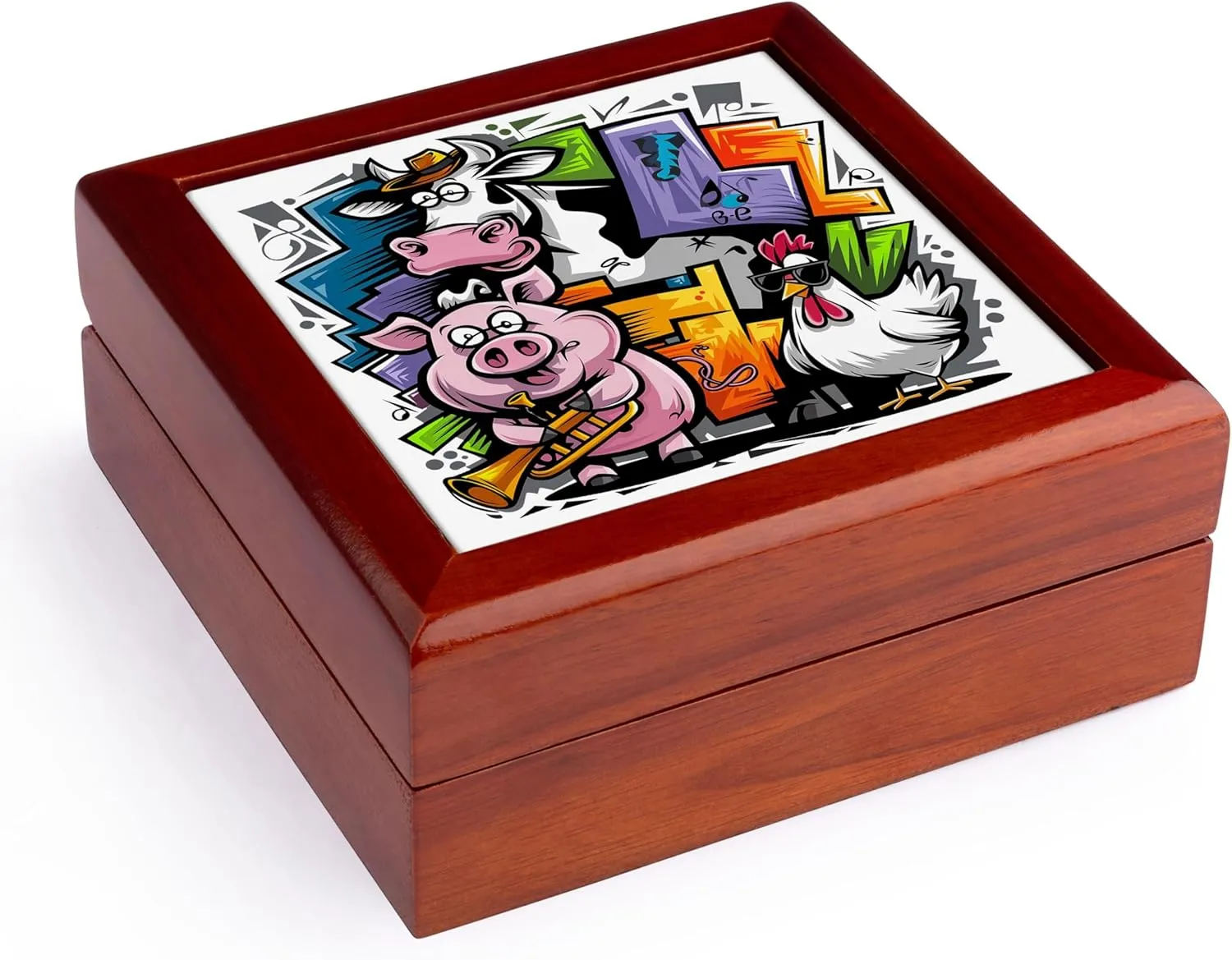 3dRose, Funny Cool Colorful Cow and Chicken and Pig Farm Animals Graffiti Art, Jewelry Box 5.5x5.5 inch with 4 inch tile