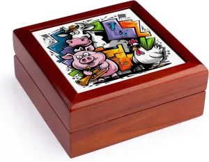 3dRose, Funny Cool Colorful Cow and Chicken and Pig Farm Animals Graffiti Art, Jewelry Box 5.5x5.5 inch with 4 inch tile