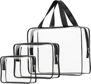 3pcs Clear Cosmetic Bags, TSA Approved Toiletry Bag Set Crystal Clear Travel Beach Essentials Bag Organization PVC, Clear Makeup Bags Luggage Pouch Carry on Airport Airline Compliant Bag Women Men
