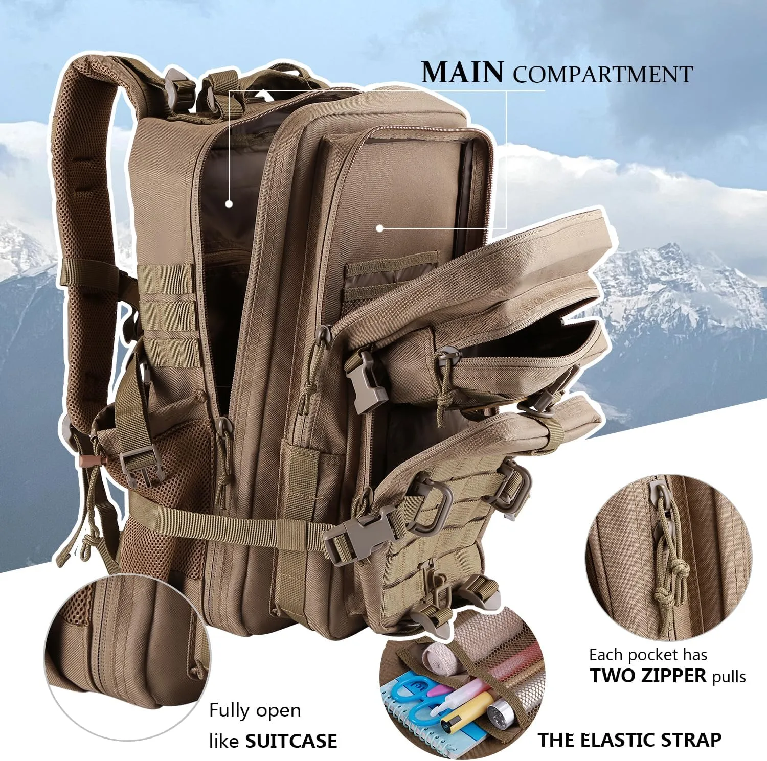 45L MOLLE Assault Backpack, Tactical Backpack Military Army Camping Rucksack with Bottle Holder, 3-Day Pack Trip w/USA Flag Patch, D-Rings, Khaki