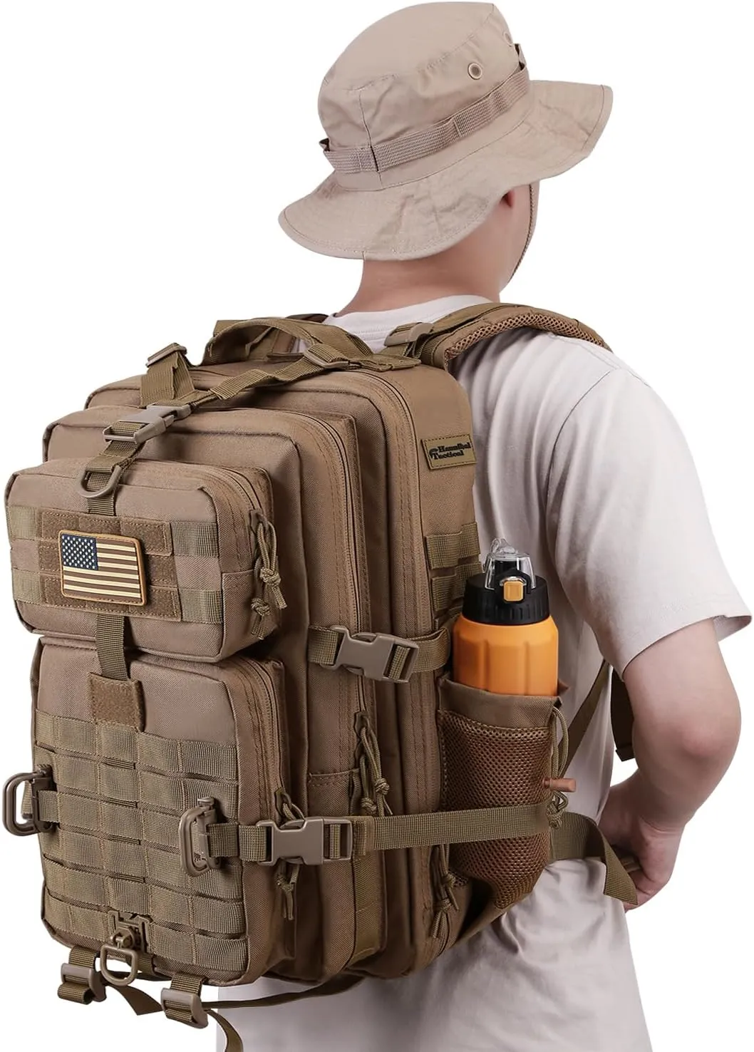45L MOLLE Assault Backpack, Tactical Backpack Military Army Camping Rucksack with Bottle Holder, 3-Day Pack Trip w/USA Flag Patch, D-Rings, Khaki