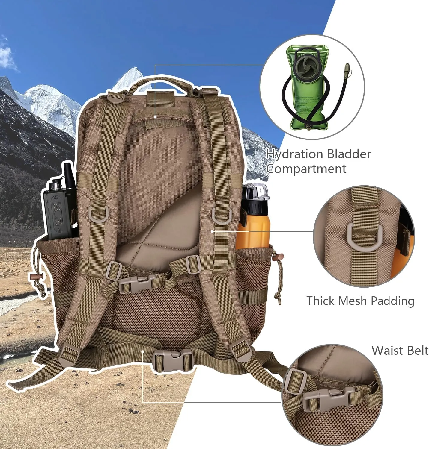 45L MOLLE Assault Backpack, Tactical Backpack Military Army Camping Rucksack with Bottle Holder, 3-Day Pack Trip w/USA Flag Patch, D-Rings, Khaki