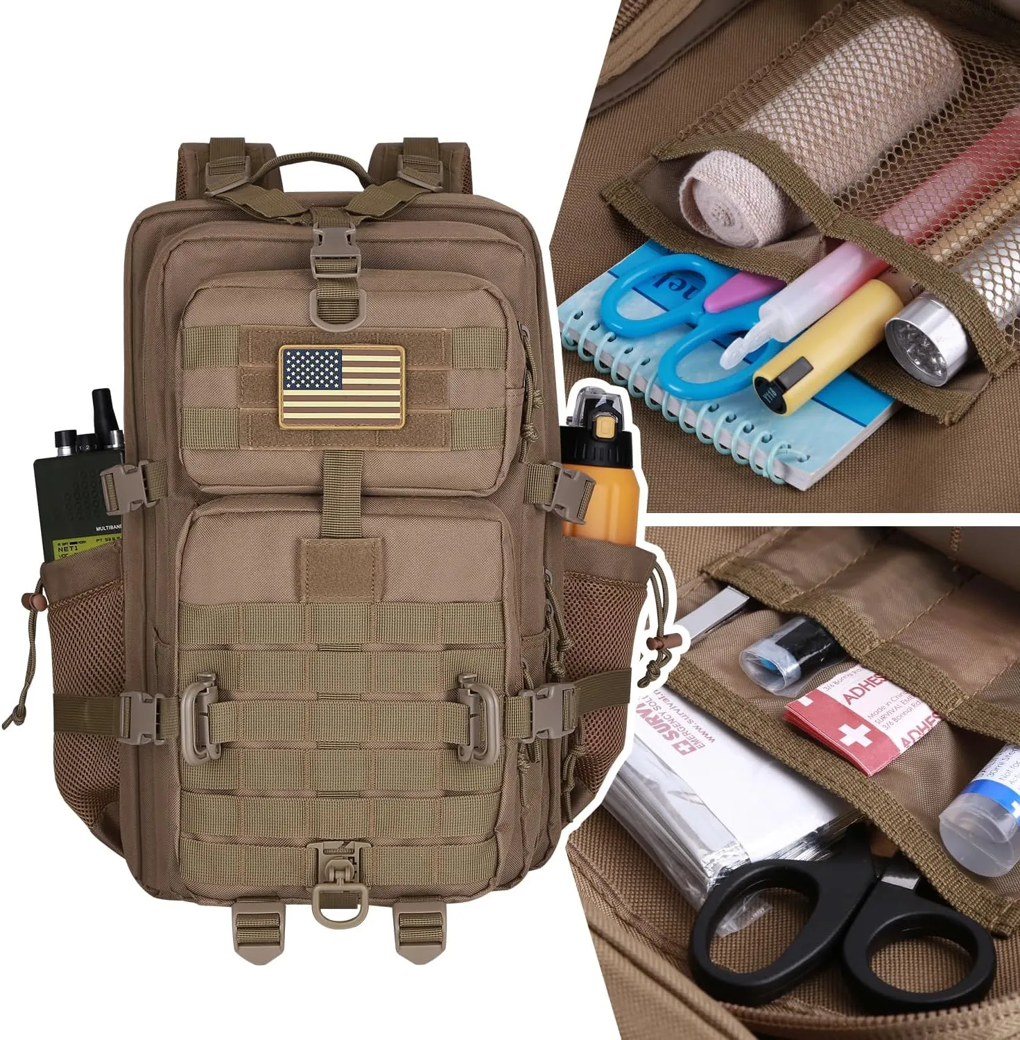 45L MOLLE Assault Backpack, Tactical Backpack Military Army Camping Rucksack with Bottle Holder, 3-Day Pack Trip w/USA Flag Patch, D-Rings, Khaki