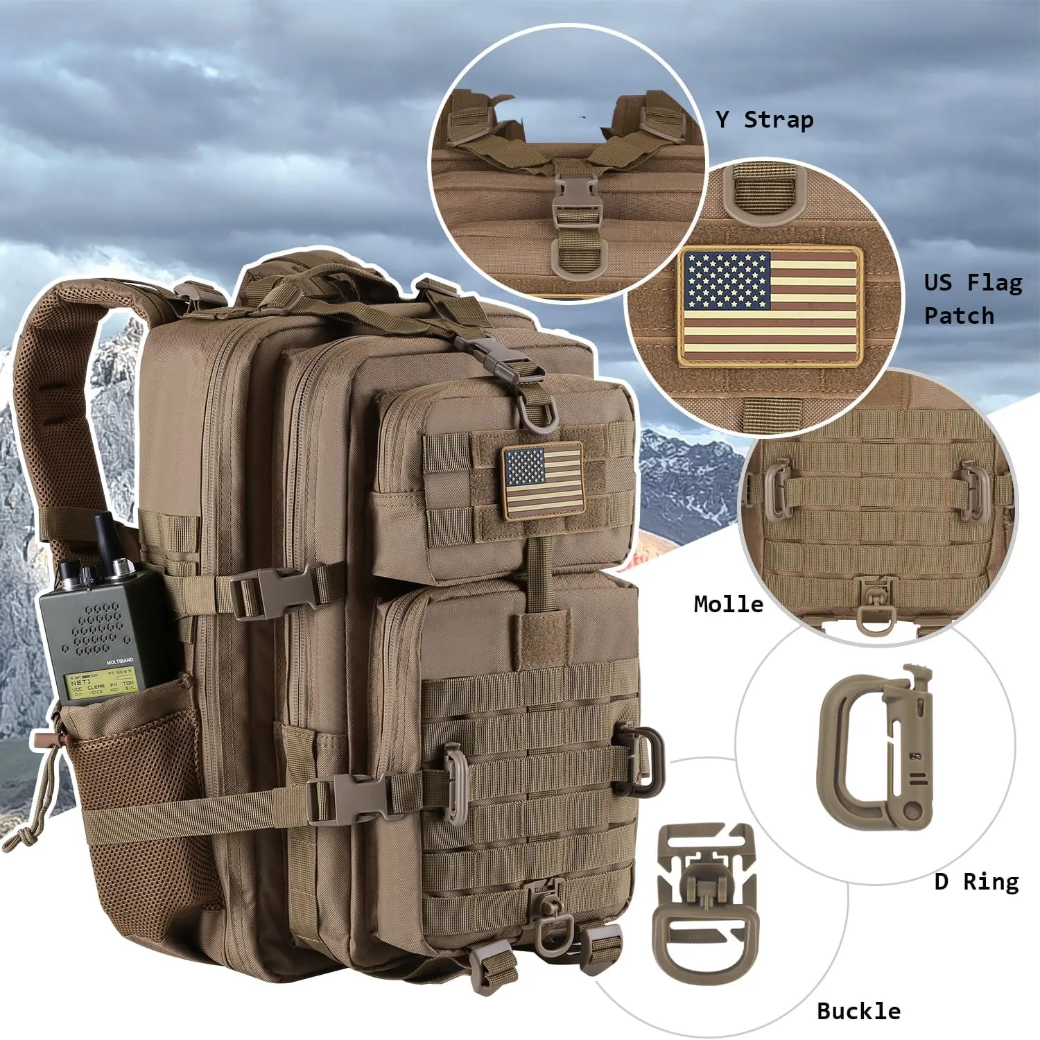 45L MOLLE Assault Backpack, Tactical Backpack Military Army Camping Rucksack with Bottle Holder, 3-Day Pack Trip w/USA Flag Patch, D-Rings, Khaki