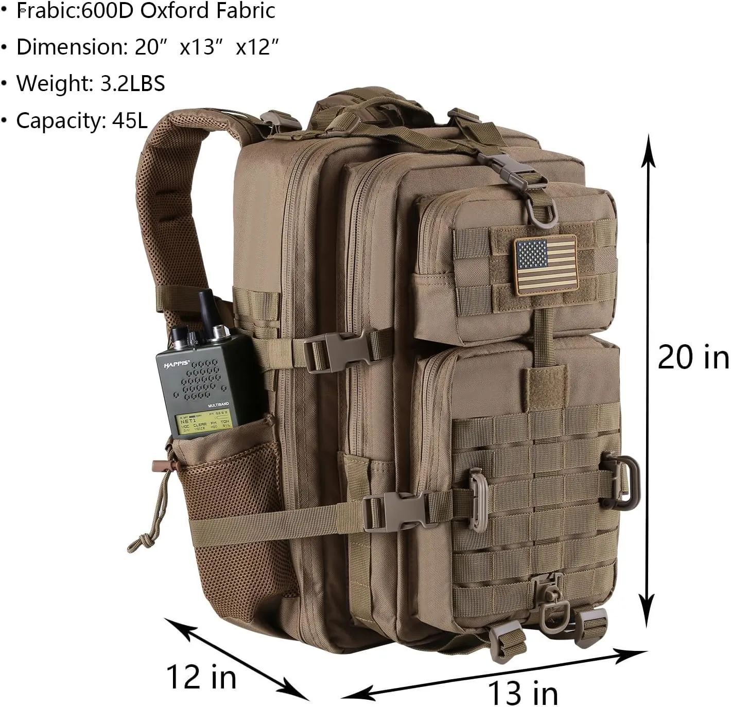 45L MOLLE Assault Backpack, Tactical Backpack Military Army Camping Rucksack with Bottle Holder, 3-Day Pack Trip w/USA Flag Patch, D-Rings, Khaki