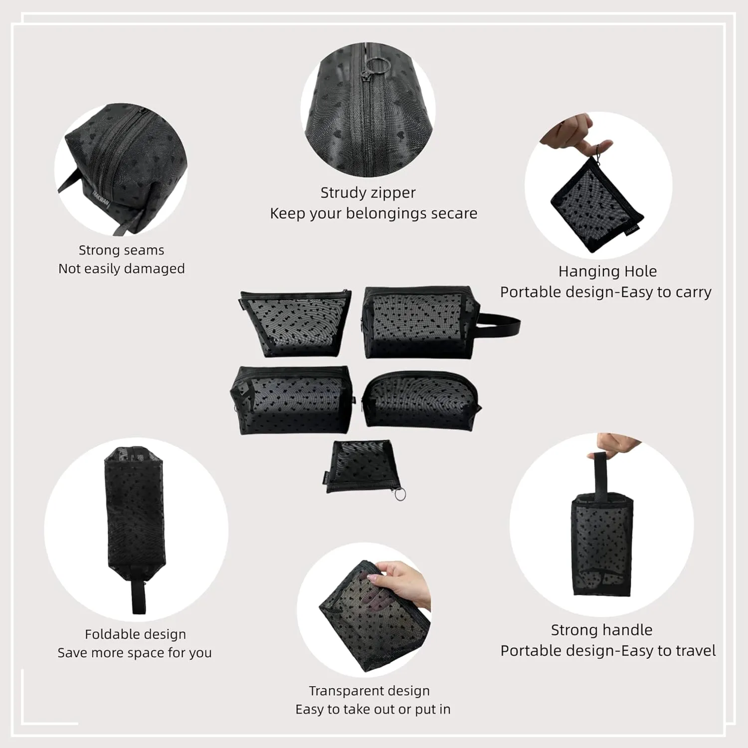 5-Piece Mesh Makeup Bag Set, Heart Printed Cosmetic Bags with Zipper, Portable Storage Organizers for Home, Office, Travel (Black)