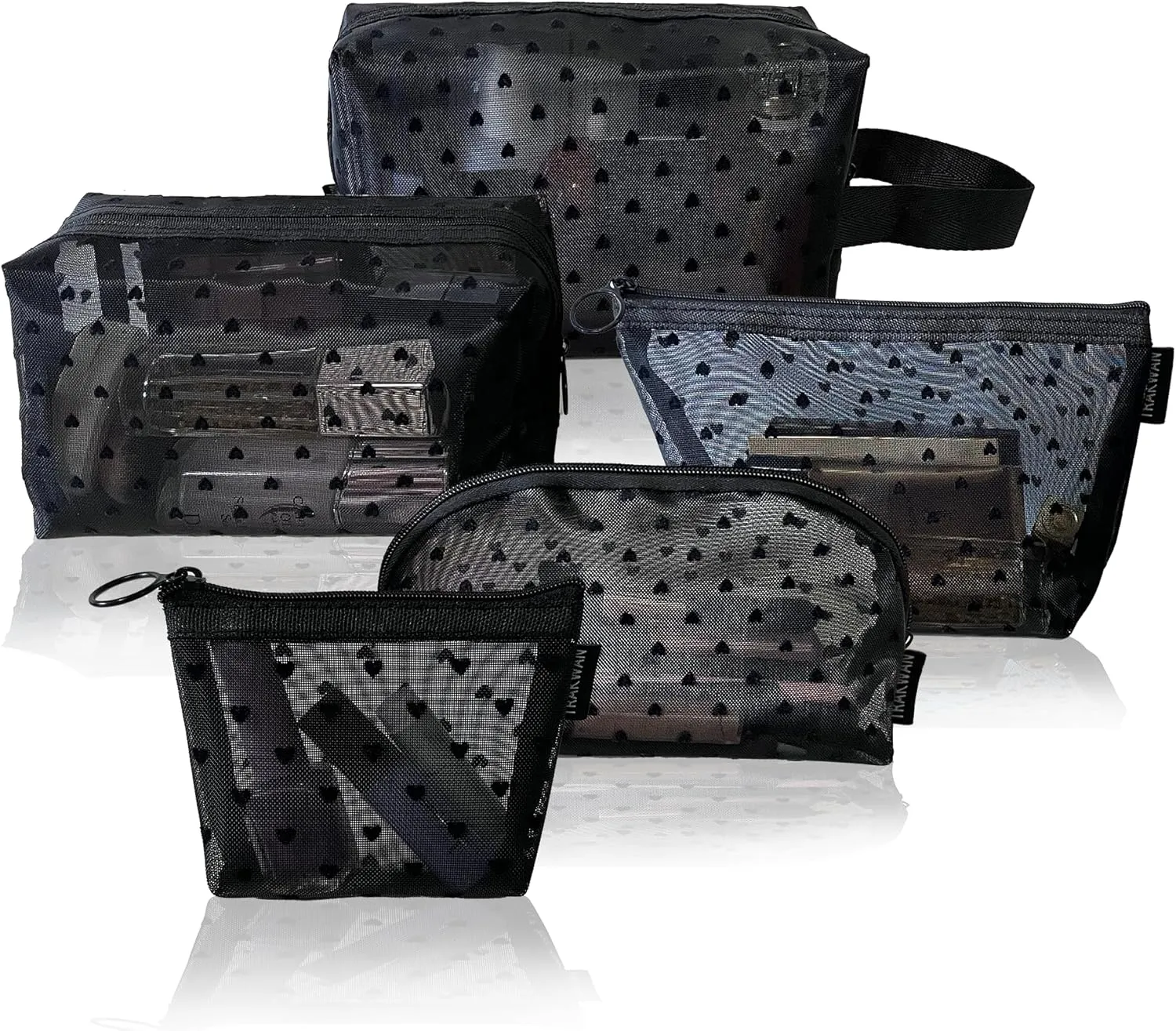 5-Piece Mesh Makeup Bag Set, Heart Printed Cosmetic Bags with Zipper, Portable Storage Organizers for Home, Office, Travel (Black)