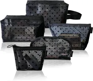 5-Piece Mesh Makeup Bag Set, Heart Printed Cosmetic Bags with Zipper, Portable Storage Organizers for Home, Office, Travel (Black)