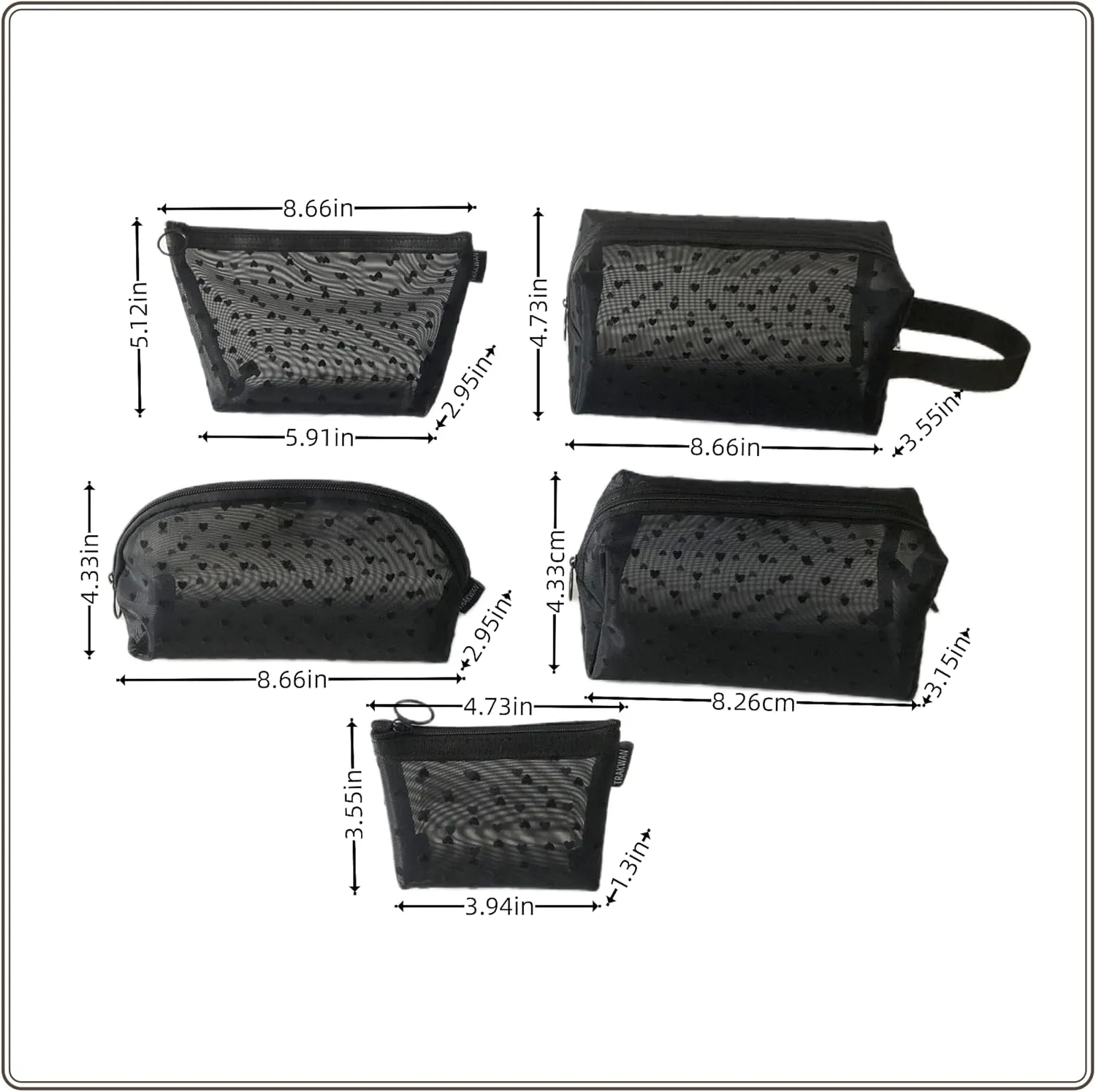 5-Piece Mesh Makeup Bag Set, Heart Printed Cosmetic Bags with Zipper, Portable Storage Organizers for Home, Office, Travel (Black)