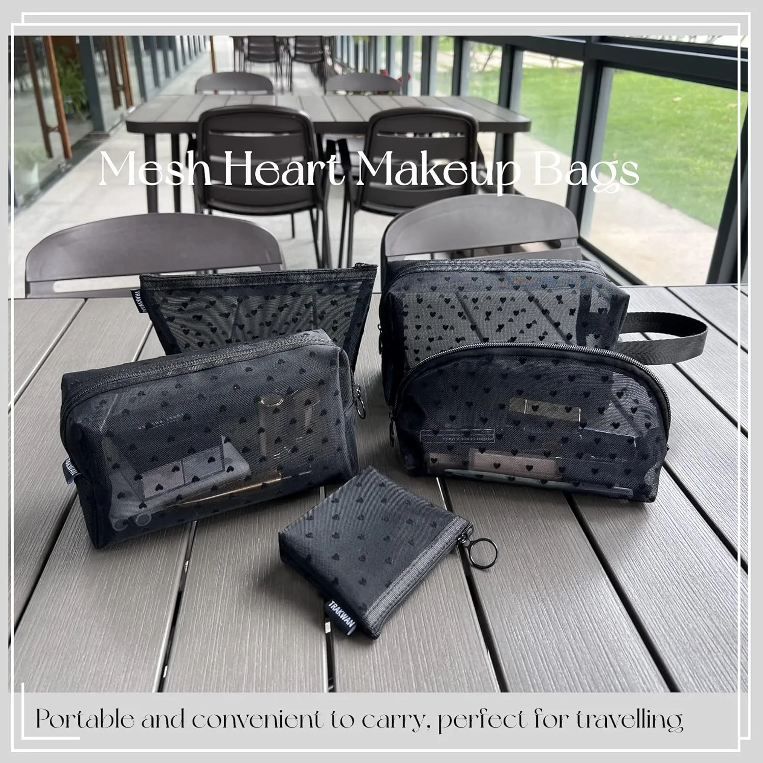 5-Piece Mesh Makeup Bag Set, Heart Printed Cosmetic Bags with Zipper, Portable Storage Organizers for Home, Office, Travel (Black)