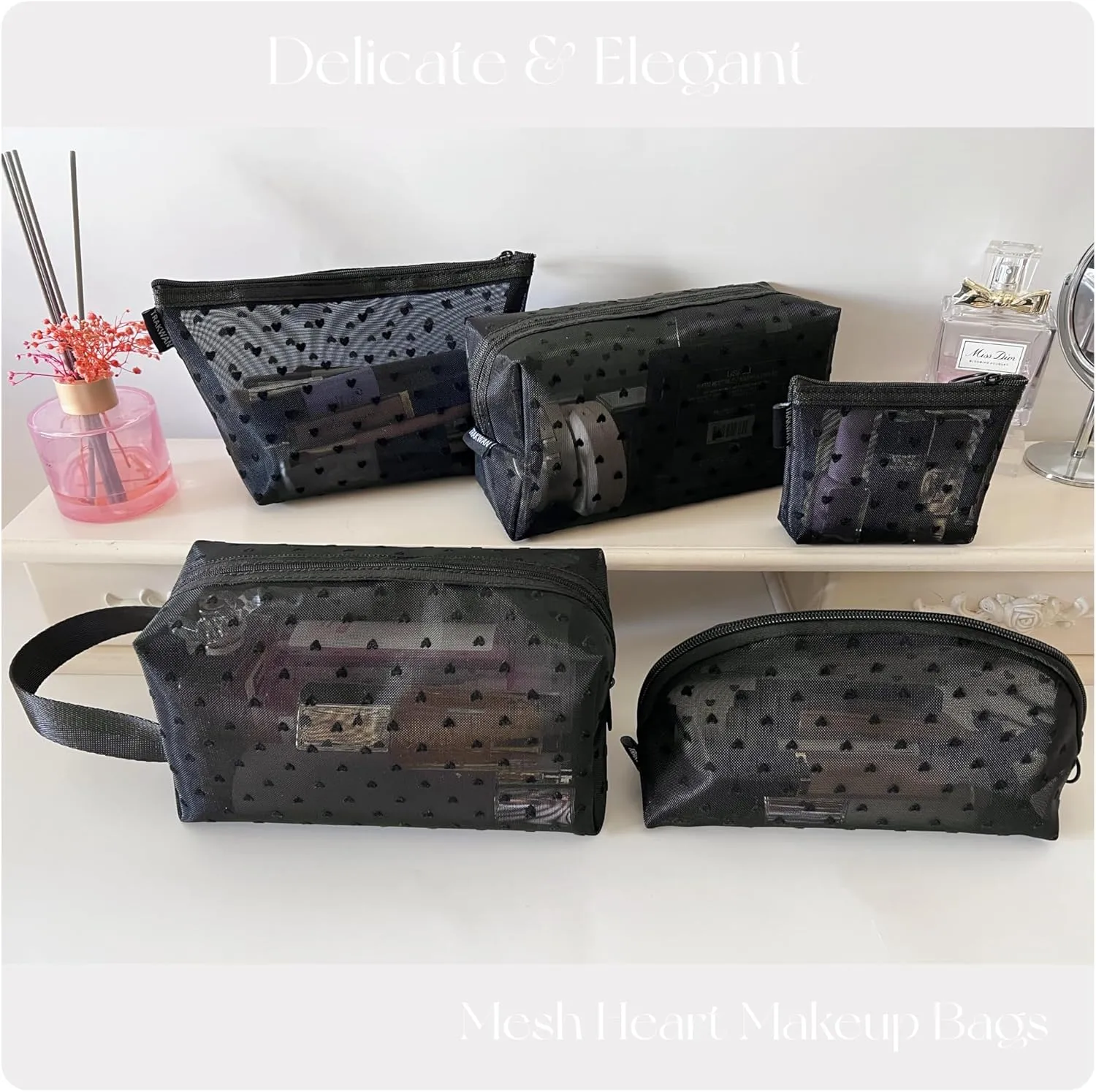 5-Piece Mesh Makeup Bag Set, Heart Printed Cosmetic Bags with Zipper, Portable Storage Organizers for Home, Office, Travel (Black)