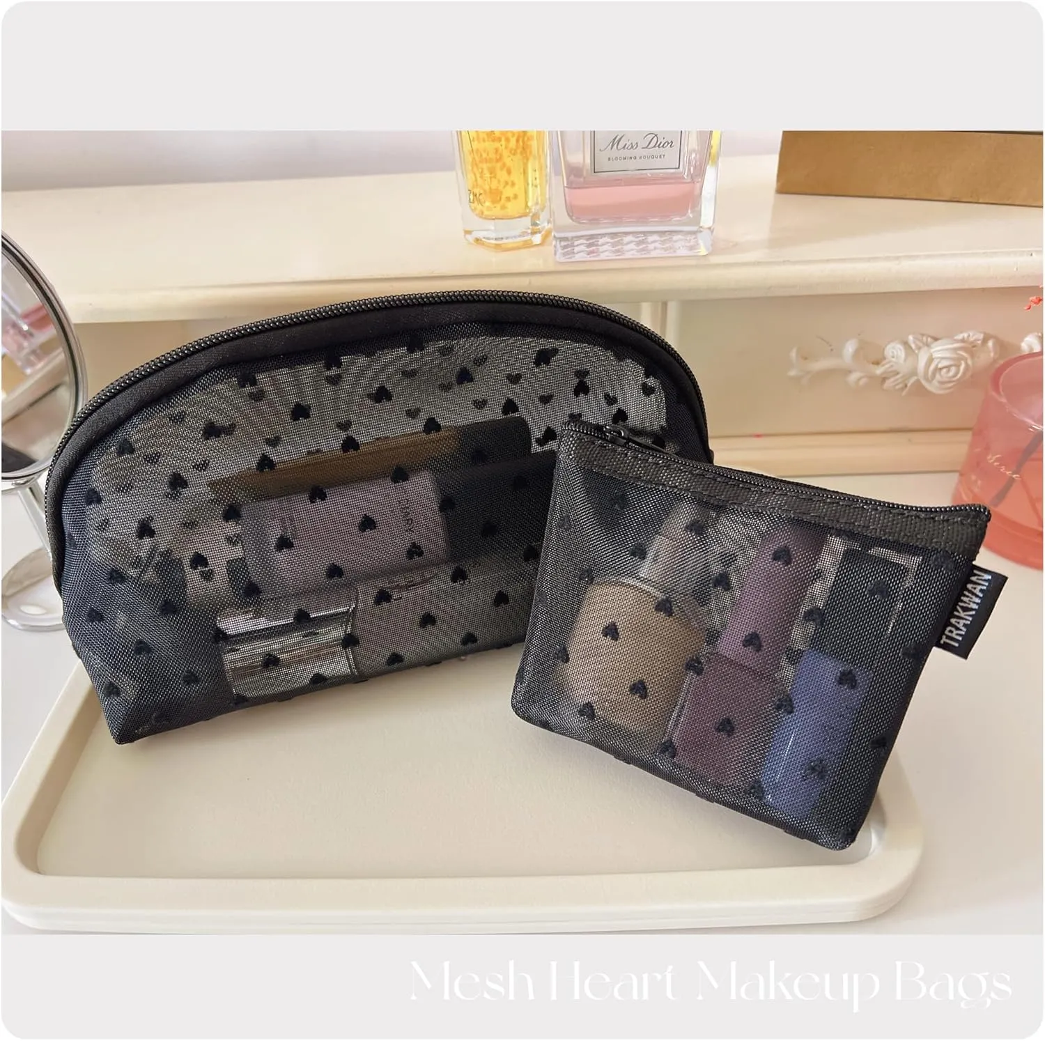 5-Piece Mesh Makeup Bag Set, Heart Printed Cosmetic Bags with Zipper, Portable Storage Organizers for Home, Office, Travel (Black)