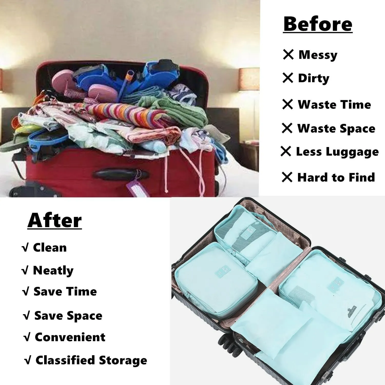 6 Pack Packing Cubes Compression - Travel Cubes for Carry on Suitcases - Travel Storage Bags, Luggage Organizer with Laundry Pouch, Travel Packing Organizers Bag for Clothes Storage Bag - Blue