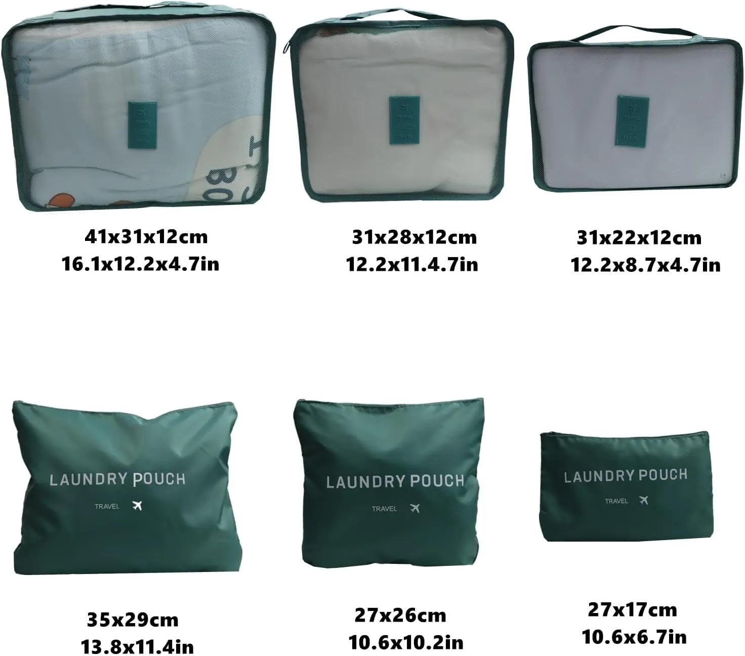 6 Pack Packing Cubes for Suitcases - Compression Luggage Packing Organizers with Laundry Pouch - Travel Storage Bags for Travel Accessories, Clothes, Cosmetics, Toiletries - Dark Green
