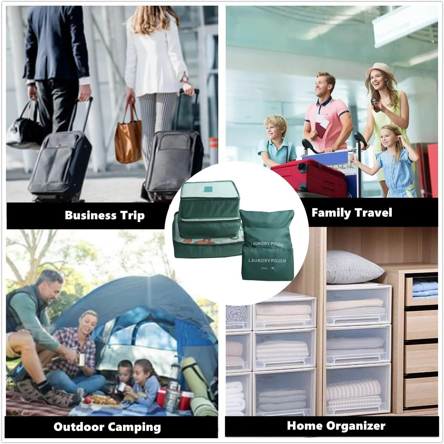 6 Pack Packing Cubes for Suitcases - Compression Luggage Packing Organizers with Laundry Pouch - Travel Storage Bags for Travel Accessories, Clothes, Cosmetics, Toiletries - Dark Green