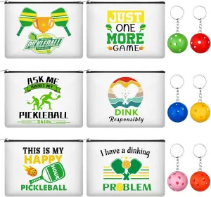 6Pcs Pickleball Gifts Makeup Bags Dink Ball Cosmetic Bags for Women Girls with 6 Pcs Colorful Pickleball Keychain keyring Canvas Zipper Pouch Toiletry Bag for Pickball Fans Friends Lovers