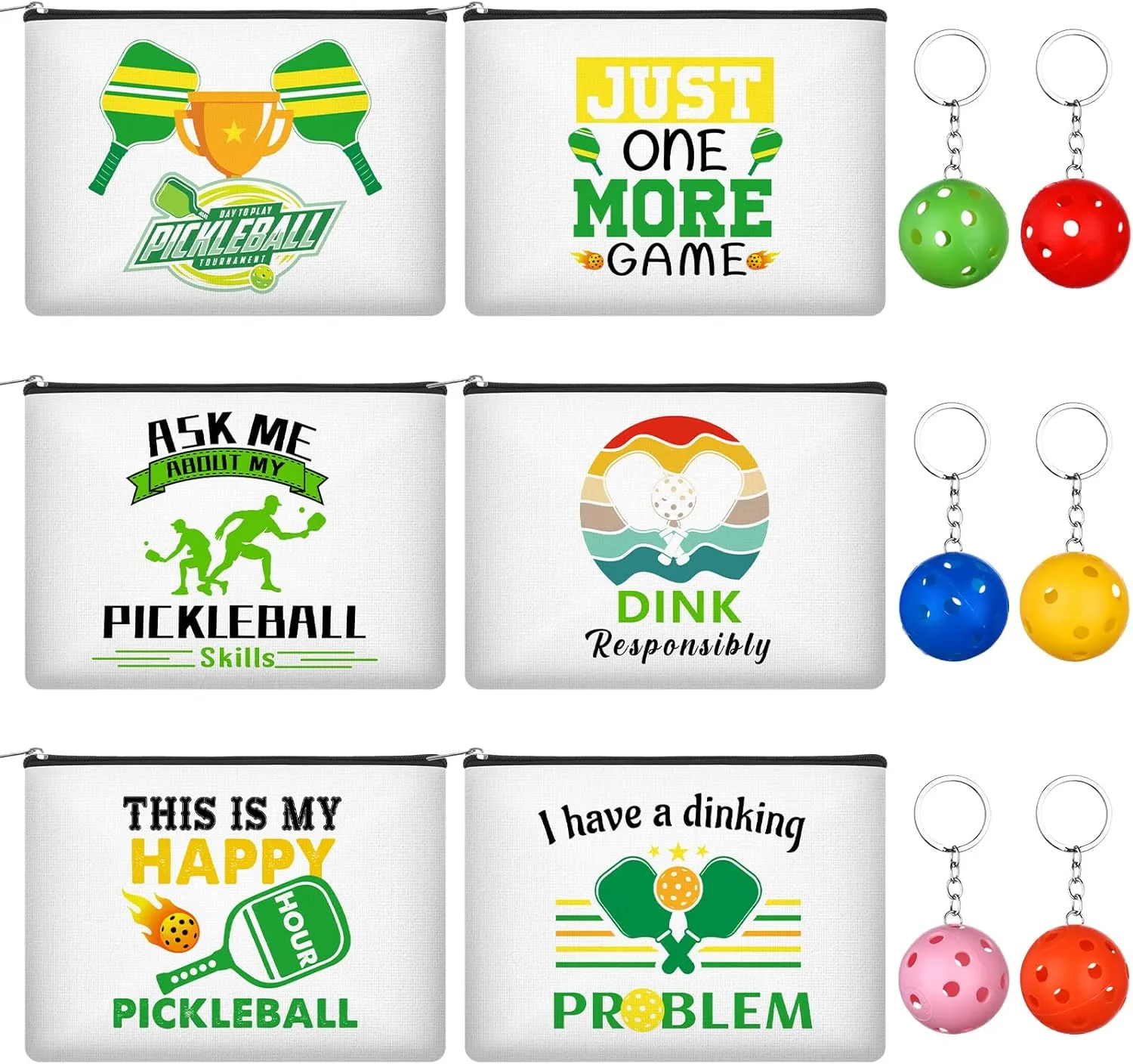 6Pcs Pickleball Gifts Makeup Bags Dink Ball Cosmetic Bags for Women Girls with 6 Pcs Colorful Pickleball Keychain keyring Canvas Zipper Pouch Toiletry Bag for Pickball Fans Friends Lovers