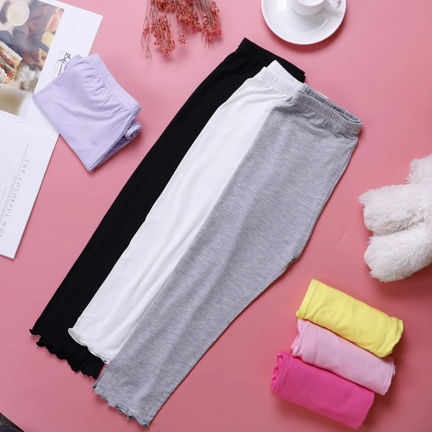 8 Pieces Girls's Capris Leggings Cotton Cropped Leggings School Uniform Pants with Floral Trim for Girls, 8 Colors