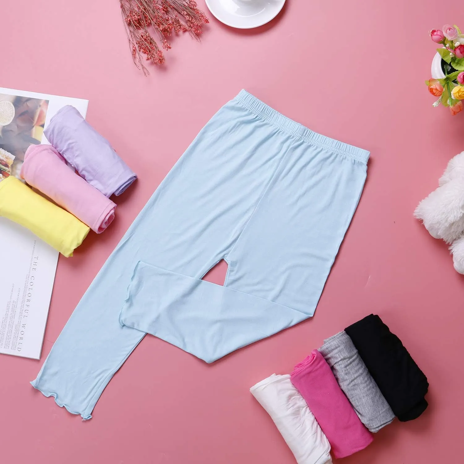 8 Pieces Girls's Capris Leggings Cotton Cropped Leggings School Uniform Pants with Floral Trim for Girls, 8 Colors