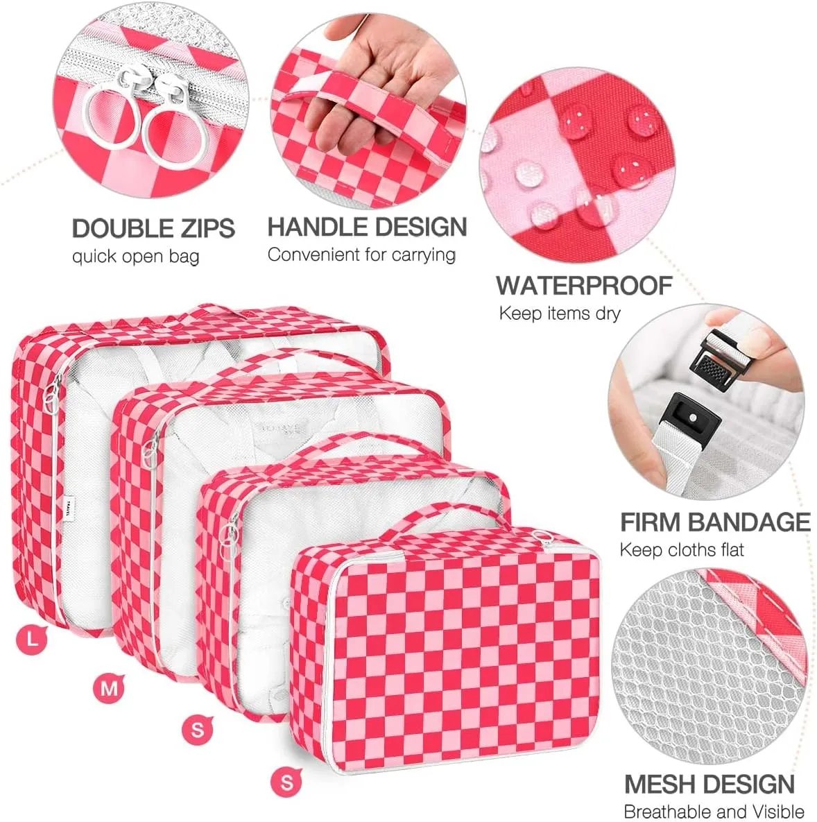 8 Set Packing Cubes for Suitcases,Packing Cube with Shoe,Cosmetics,Clothing, and Accessories Bags Packing Cubes for Travel Luggage Organizer Women Men(Rose Checkered)