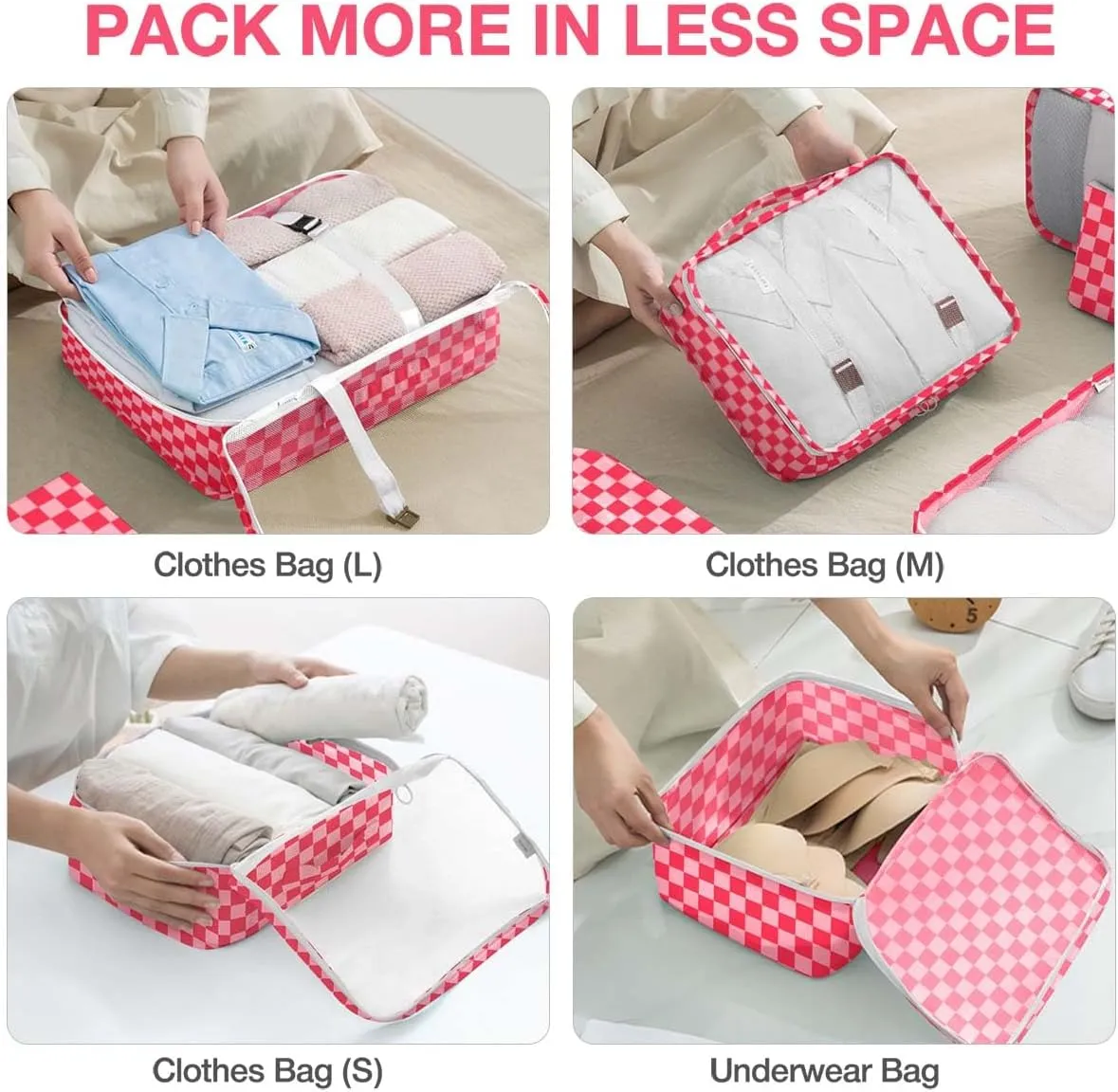 8 Set Packing Cubes for Suitcases,Packing Cube with Shoe,Cosmetics,Clothing, and Accessories Bags Packing Cubes for Travel Luggage Organizer Women Men(Rose Checkered)
