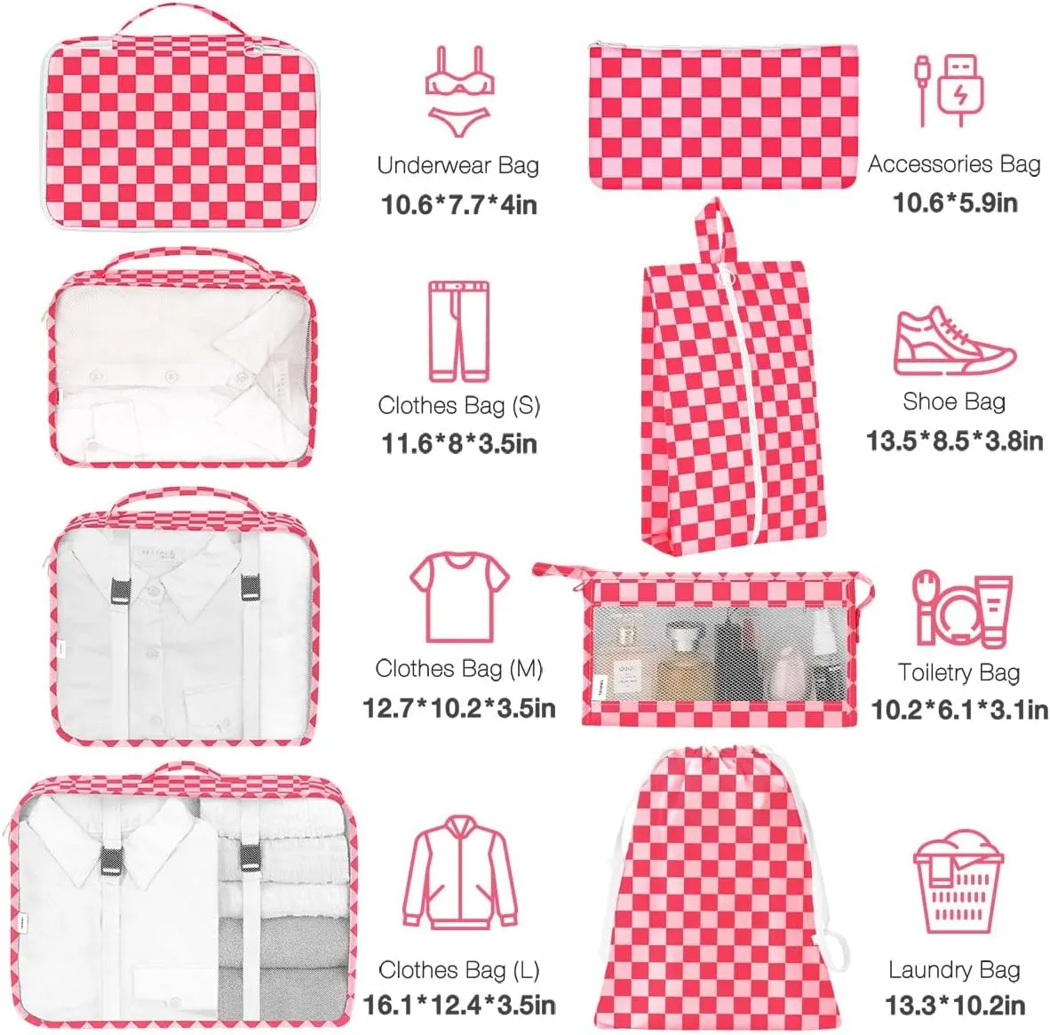 8 Set Packing Cubes for Suitcases,Packing Cube with Shoe,Cosmetics,Clothing, and Accessories Bags Packing Cubes for Travel Luggage Organizer Women Men(Rose Checkered)