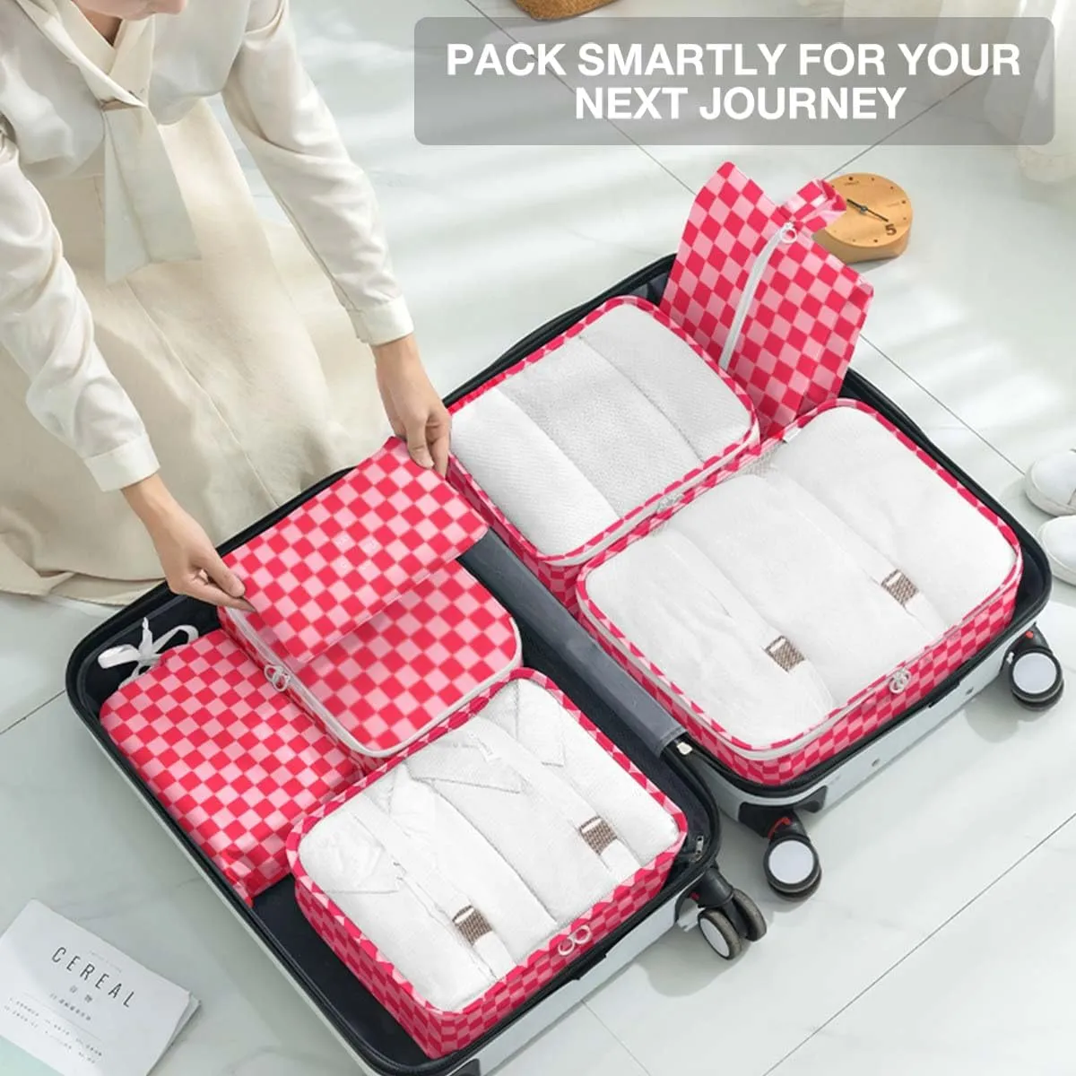 8 Set Packing Cubes for Suitcases,Packing Cube with Shoe,Cosmetics,Clothing, and Accessories Bags Packing Cubes for Travel Luggage Organizer Women Men(Rose Checkered)