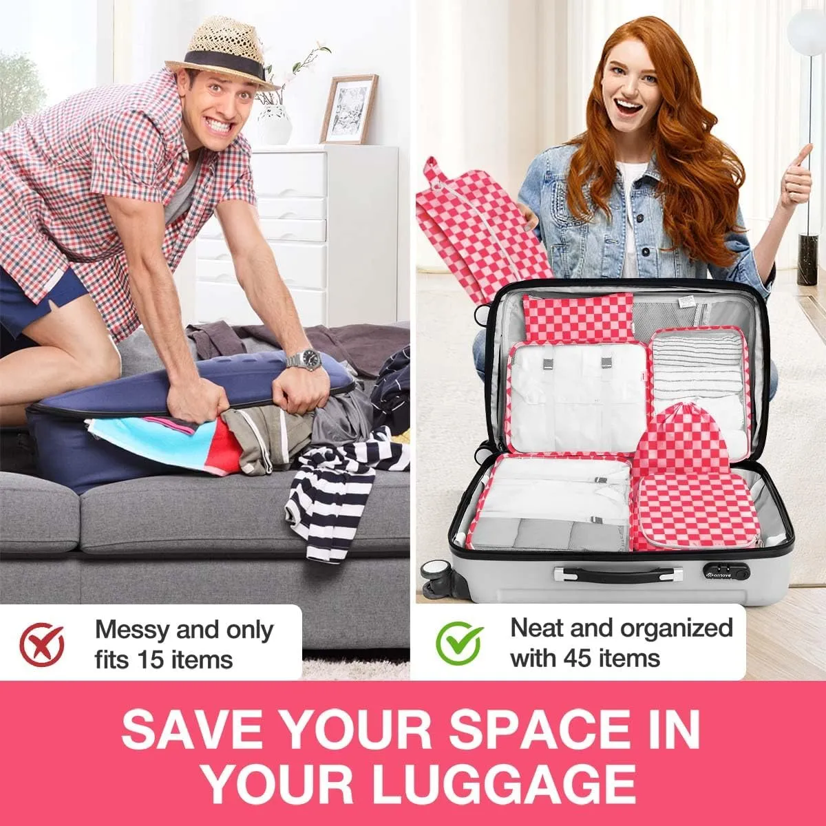 8 Set Packing Cubes for Suitcases,Packing Cube with Shoe,Cosmetics,Clothing, and Accessories Bags Packing Cubes for Travel Luggage Organizer Women Men(Rose Checkered)