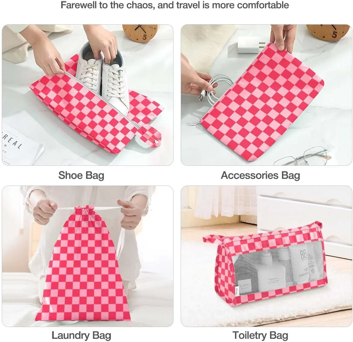 8 Set Packing Cubes for Suitcases,Packing Cube with Shoe,Cosmetics,Clothing, and Accessories Bags Packing Cubes for Travel Luggage Organizer Women Men(Rose Checkered)