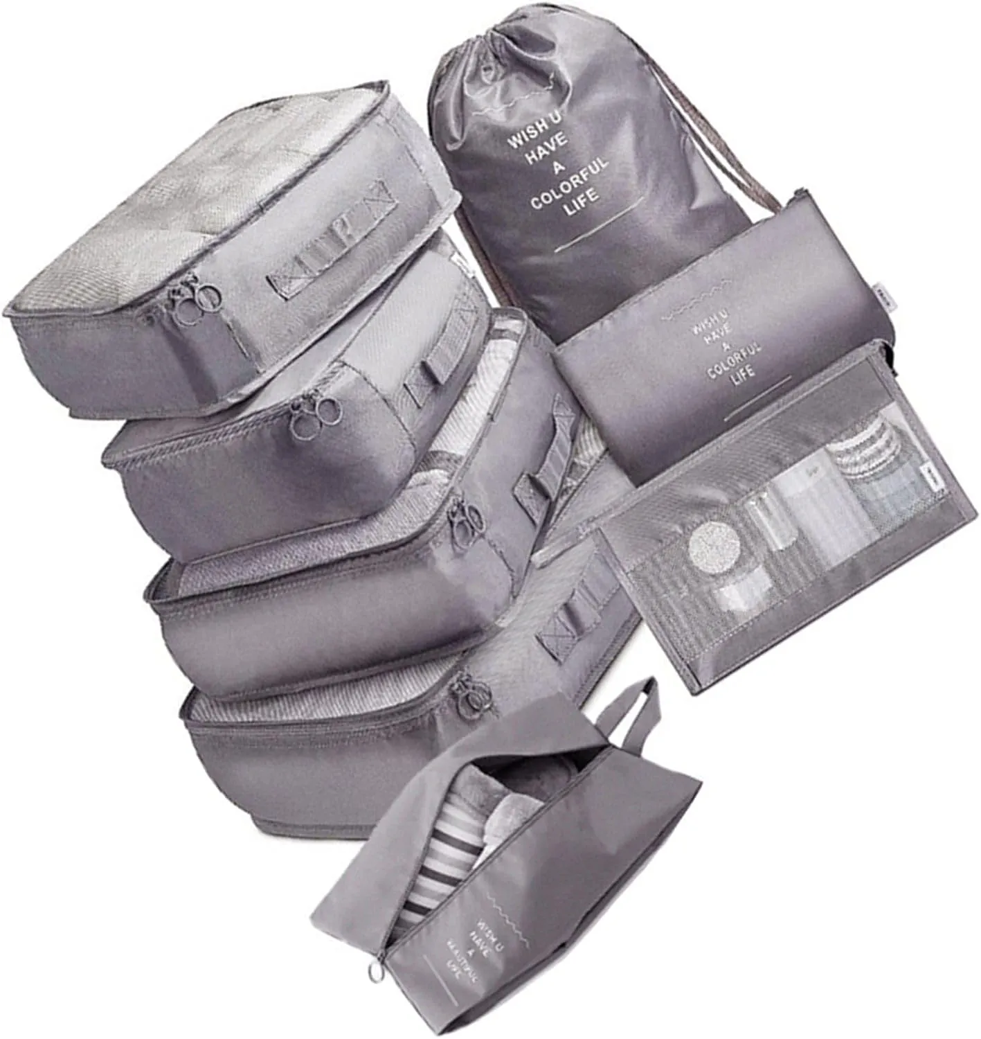 8 Set Packing Cubes with Portable Shoe Bag, Travel Underwear Storage Bag, and Makeup Bag for Suitcases Organizer Bags Set, Carry On Suitcase Luggage Organizers (Grey)