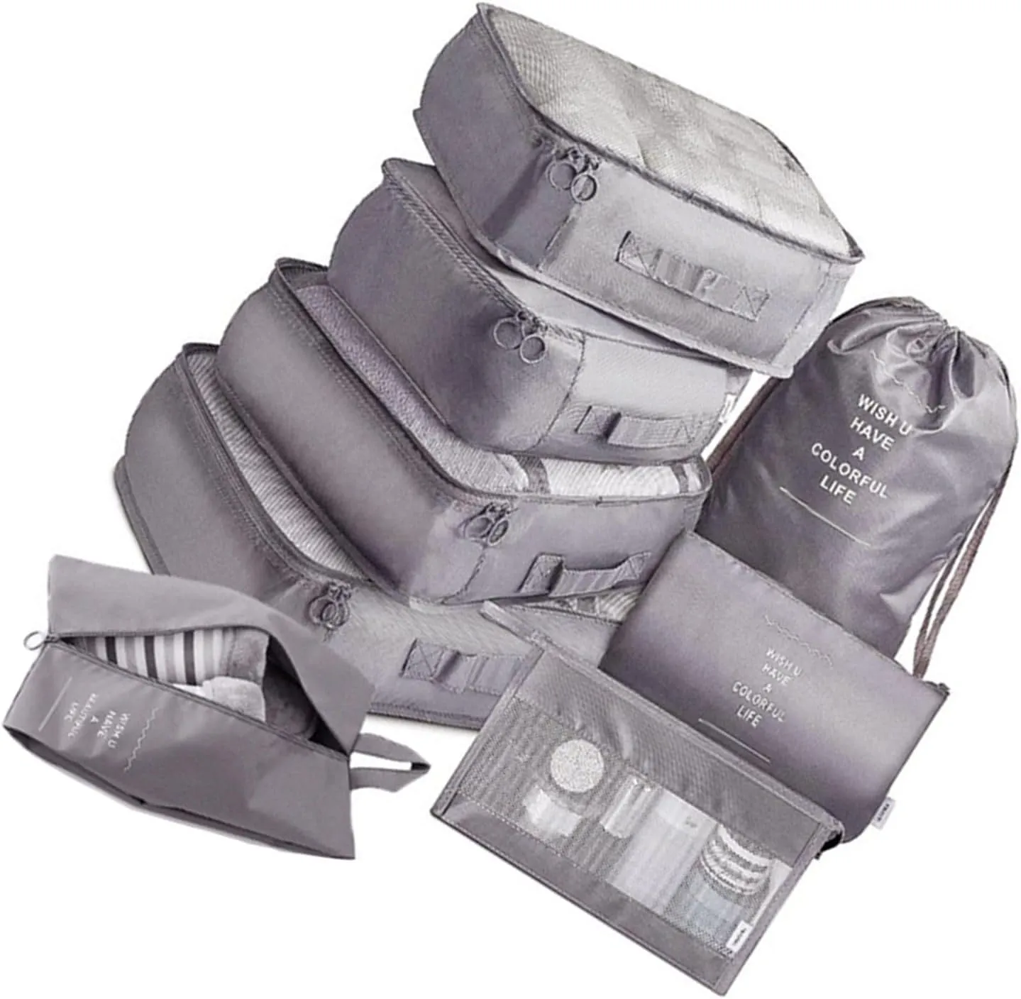 8 Set Packing Cubes with Portable Shoe Bag, Travel Underwear Storage Bag, and Makeup Bag for Suitcases Organizer Bags Set, Carry On Suitcase Luggage Organizers (Grey)