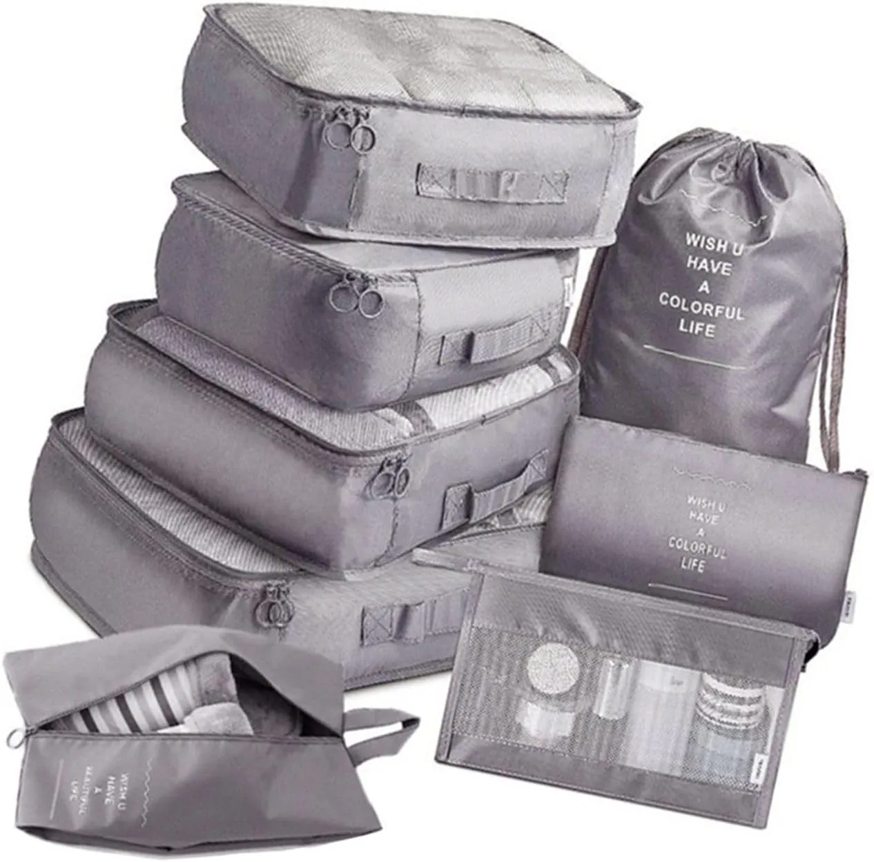 8 Set Packing Cubes with Portable Shoe Bag, Travel Underwear Storage Bag, and Makeup Bag for Suitcases Organizer Bags Set, Carry On Suitcase Luggage Organizers (Grey)