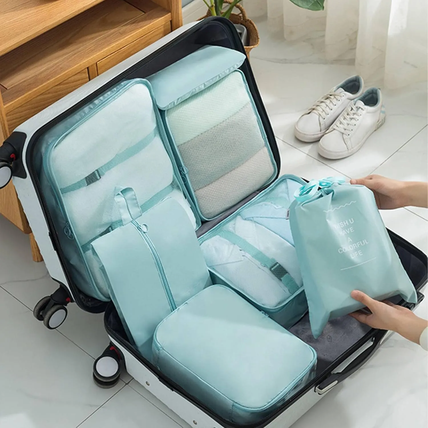 8 Set Packing Cubes with Portable Shoe Bag, Travel Underwear Storage Bag, and Makeup Bag for Suitcases Organizer Bags Set, Carry On Suitcase Luggage Organizers (Light