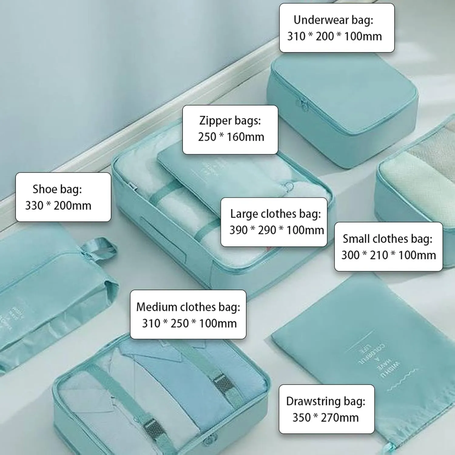 8 Set Packing Cubes with Portable Shoe Bag, Travel Underwear Storage Bag, and Makeup Bag for Suitcases Organizer Bags Set, Carry On Suitcase Luggage Organizers (Light
