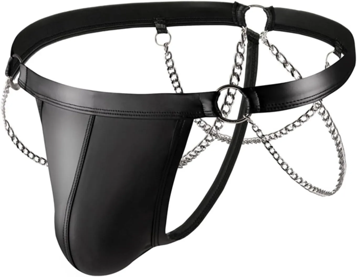 ACSUSS Men's Faux Leather Underwear Hollow Out Metal Chains Bikini Briefs Bulge Pouch Panties