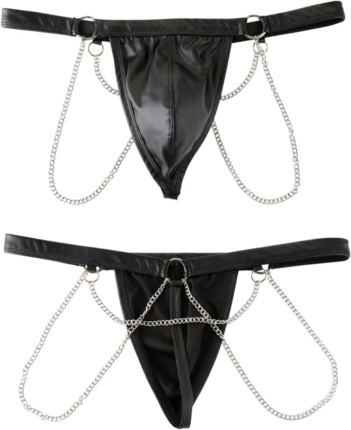 ACSUSS Men's Faux Leather Underwear Hollow Out Metal Chains Bikini Briefs Bulge Pouch Panties