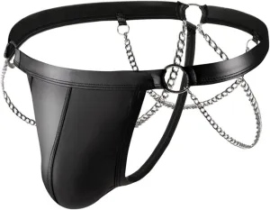 ACSUSS Men's Faux Leather Underwear Hollow Out Metal Chains Bikini Briefs Bulge Pouch Panties