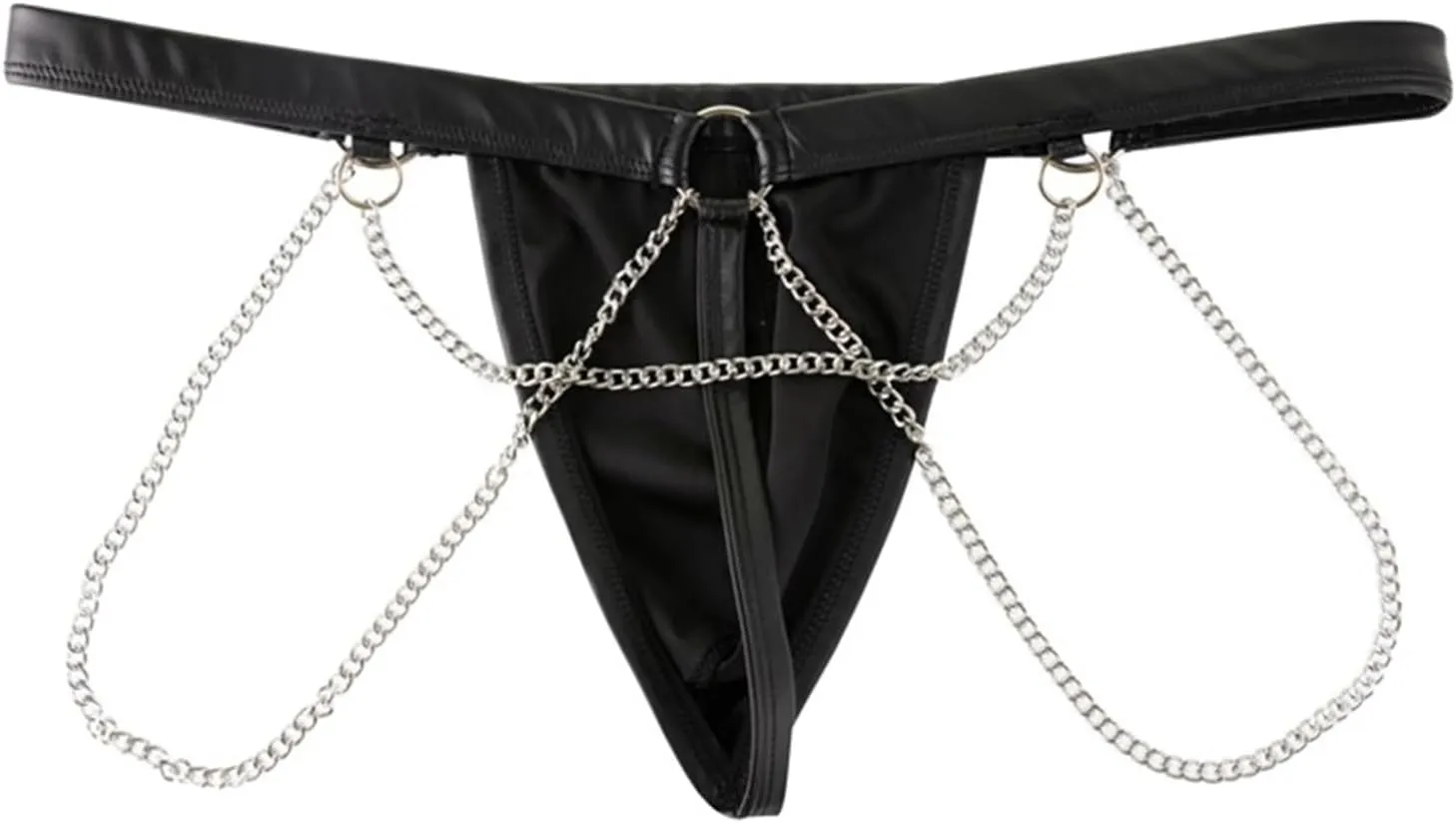 ACSUSS Men's Faux Leather Underwear Hollow Out Metal Chains Bikini Briefs Bulge Pouch Panties