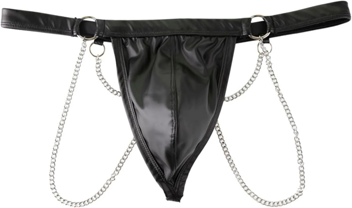 ACSUSS Men's Faux Leather Underwear Hollow Out Metal Chains Bikini Briefs Bulge Pouch Panties