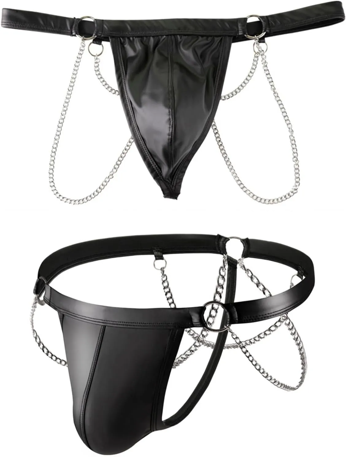 ACSUSS Men's Faux Leather Underwear Hollow Out Metal Chains Bikini Briefs Bulge Pouch Panties