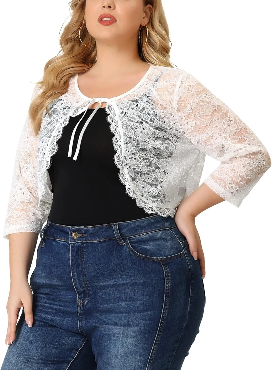 Agnes Orinda Bolero Cardigan for Women's Plus Size Office Tie Front Crop Floral Sheer Lace Shrug