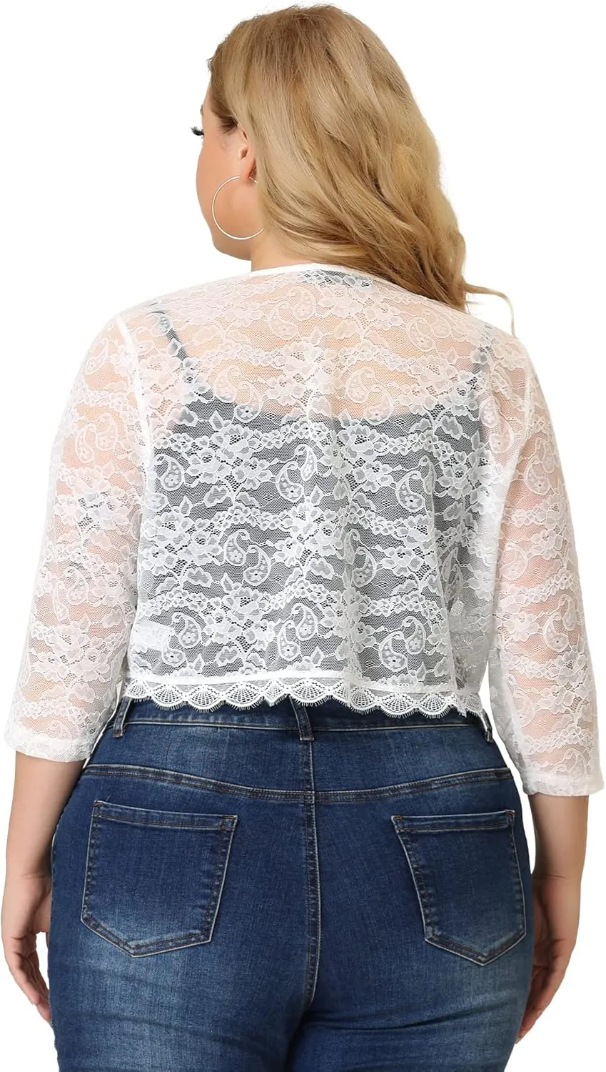 Agnes Orinda Bolero Cardigan for Women's Plus Size Office Tie Front Crop Floral Sheer Lace Shrug